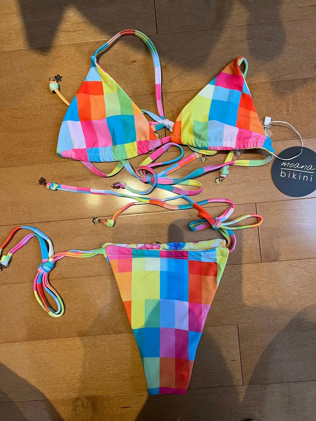 Women's Swimwear: Multi-Color Plaid Swimsuit — Adjustable Side-Tie Triangle Bikini