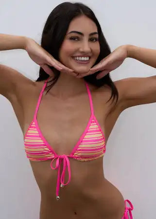 Women's Halter Triangle Bikini Pink Lemonade Stripe Adjustable Slider Removable Padding Swimwear